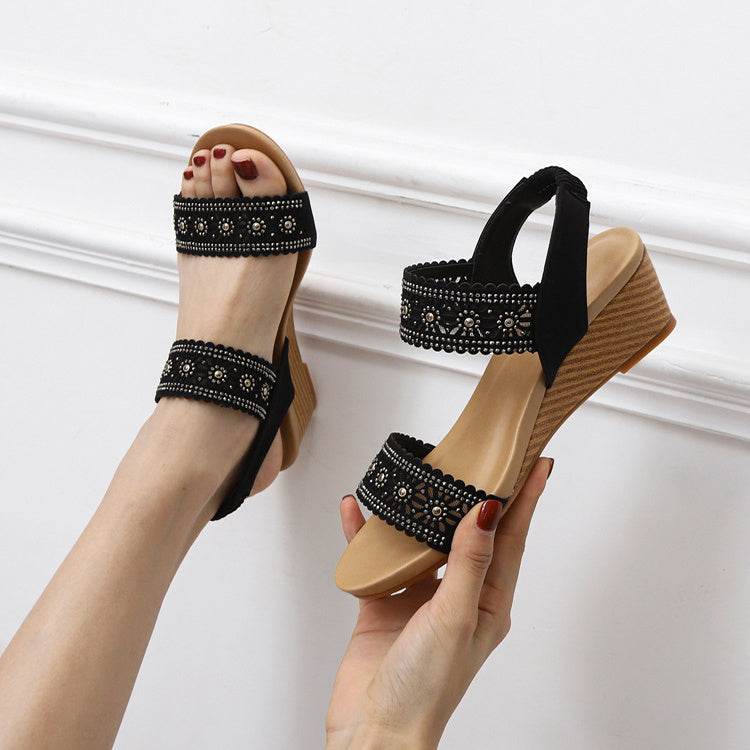 Flower Hollow Out Sandals With Rhinestones Wedges Shoes Women - Mubimart