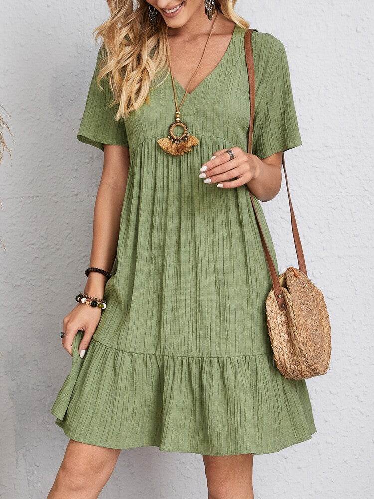 Summer V-neck Dresses Women's Loose Casual Short-sleeved Corset Dress - Mubimart
