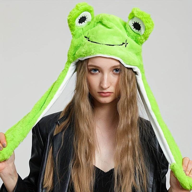 Cute Animal Moving Ear Hat Cute Panda Dog Frog Puppy Plush Hats Halloween Cosplay Party Earflap Hat For Women - Mubimart