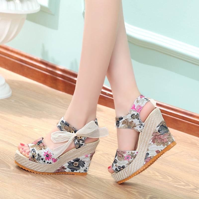 Sandals Women Wedge Heel Lace Lace High Heel Women Shoes - Mubimart