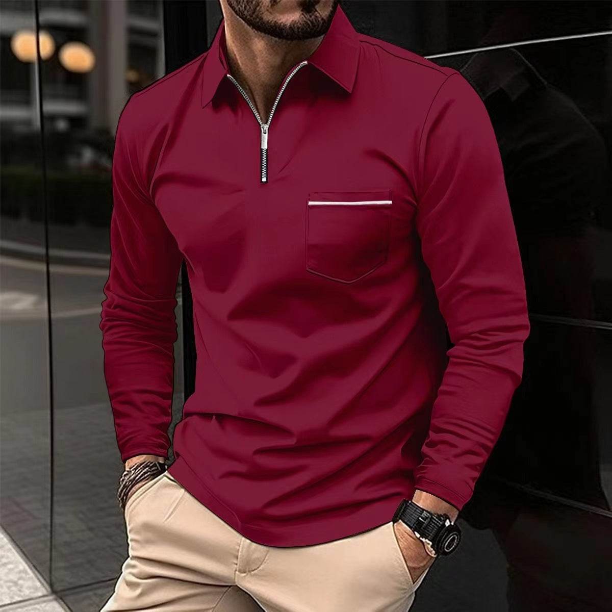 Autumn Polo Shirt Zipper Men's Long Sleeve Polo Shirt - Mubimart