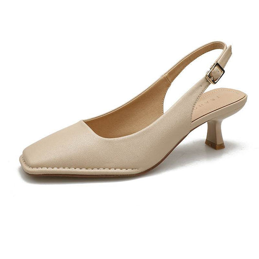 Classic Style Square Head Kitten Heel French Toe Cap Slingback Sandals - Mubimart