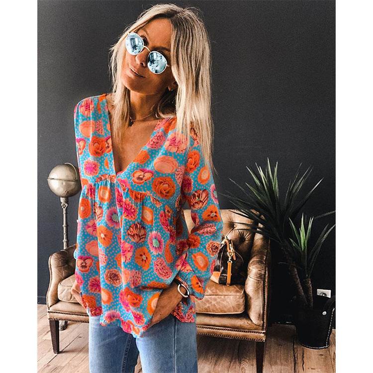 New Style Blouse Women Printing V-Neck Long-Sleeved T-Shirt Women - Mubimart