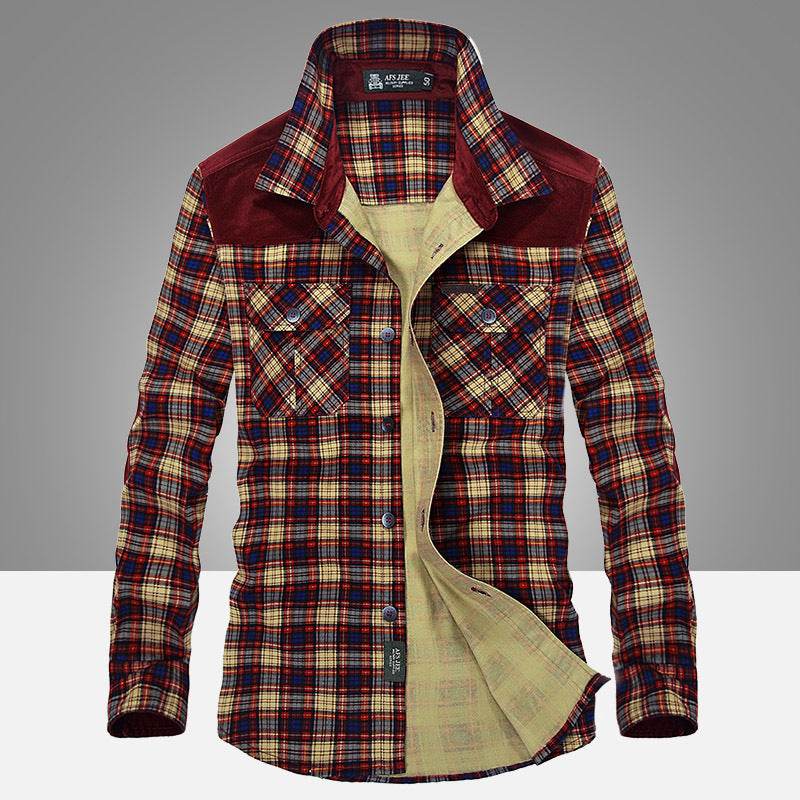 Shirt Men Military Plaid Dress 100 Cotton - Mubimart
