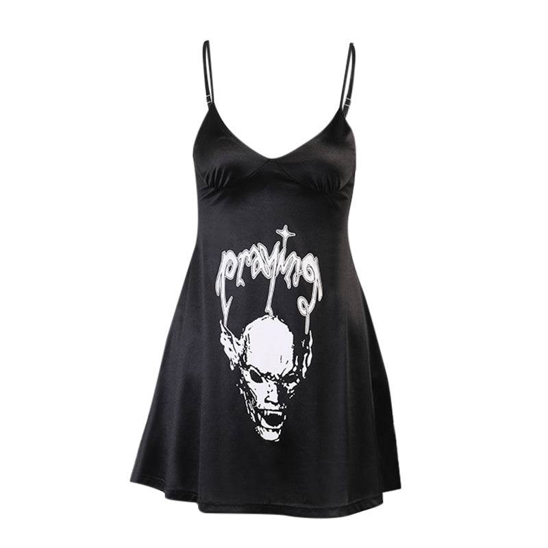 Women's Satin Dark Skull Print Slip Dress - Mubimart