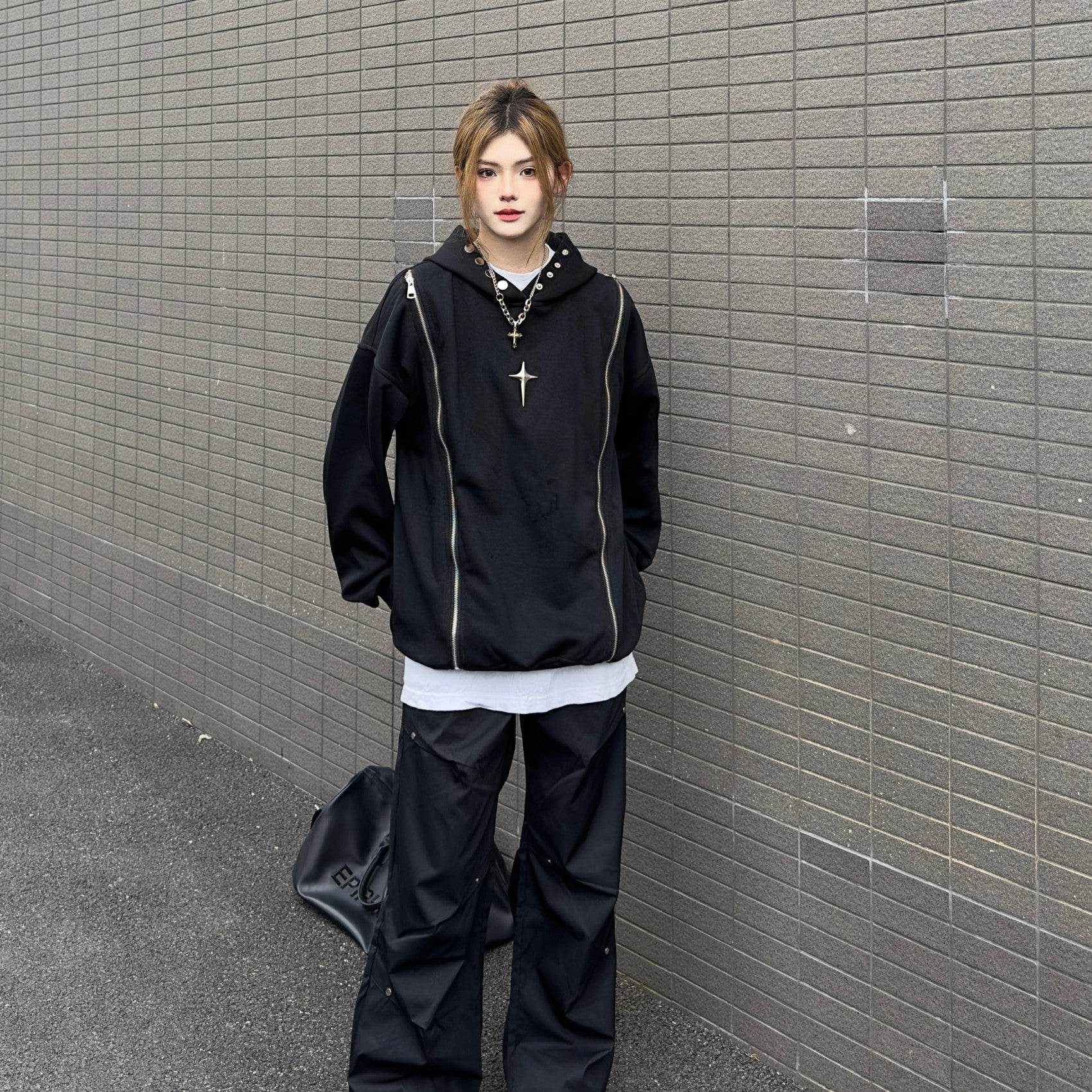 Vintage Street Solid Double Zipper Hoodie - Mubimart