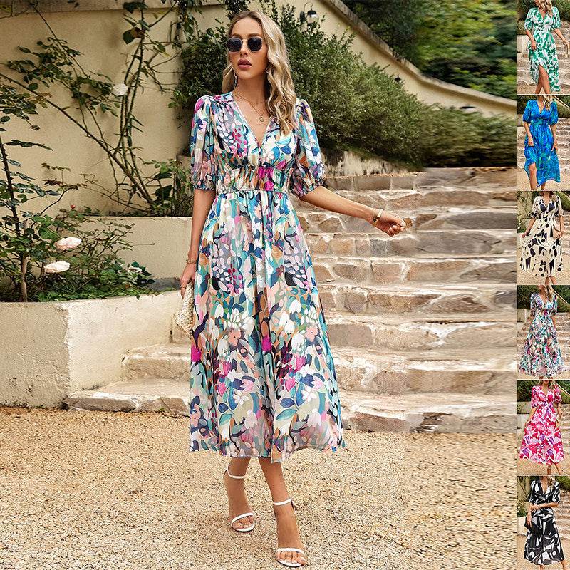 New V-neck Printed Short-sleeved Long Dress Summer Fashion Slim Seaside Vacation Beach Dresses For Women Clothing - Mubimart