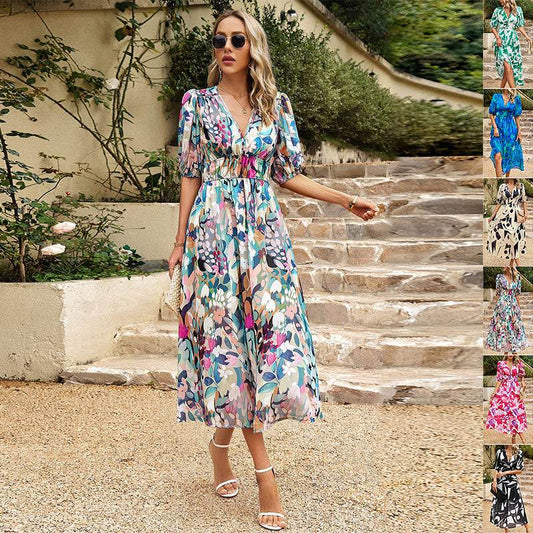 New V-neck Printed Short-sleeved Long Dress Summer Fashion Slim Seaside Vacation Beach Dresses For Women Clothing - Mubimart