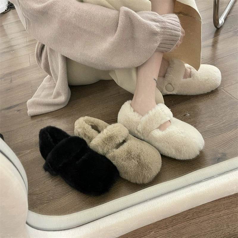 Mary Jane Fluffy Shoes Women's Winter Outerwear Flats - Mubimart