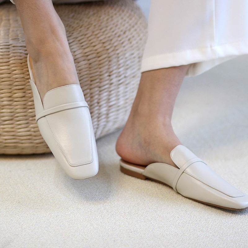 Flat Half Drag Square Toe Leather Mules - Mubimart