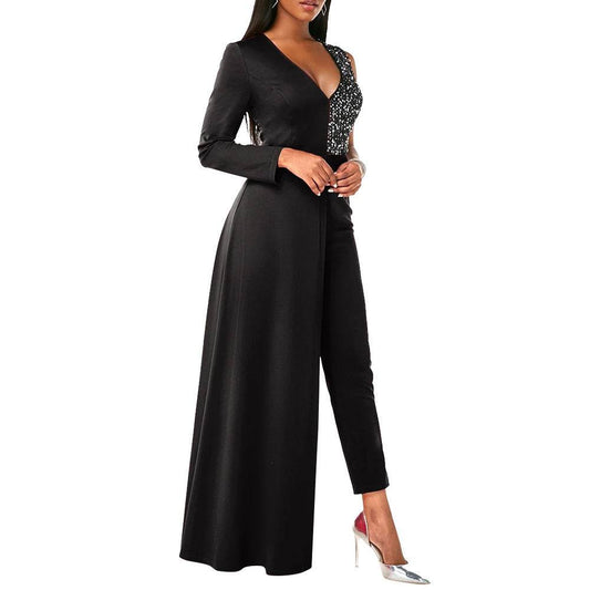 V-neck Sequin Covered Hip Plus Size Jumpsuit - Mubimart