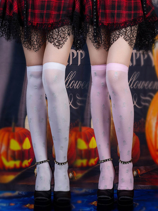 Halloween Black Over-the-knee Printed Skull Thigh High Socks - Mubimart