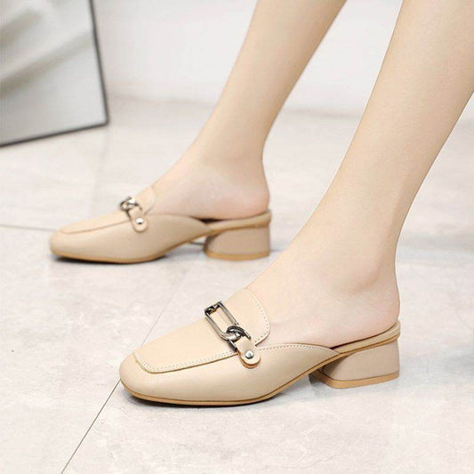 Square Toe Chunky Heel Mules Shoes Comfortable Women's Slippers - Mubimart