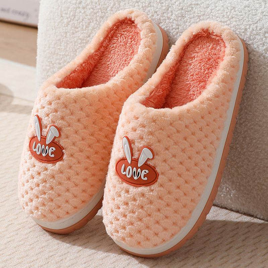 Cute Rabbit Plaid Design Home Slippers Winter Warm Thick-soled Cotton House Shoes For Women Indoor Non-slip Solid Couple Plush Slipper - Mubimart