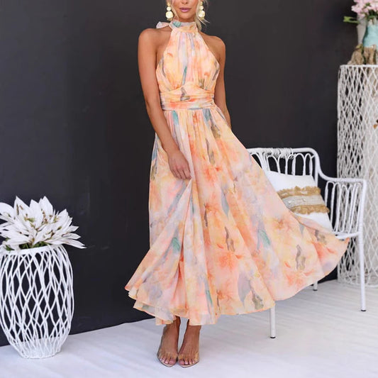 Women's Clothing Vacation Style Sleeveless Printed Backless Dress