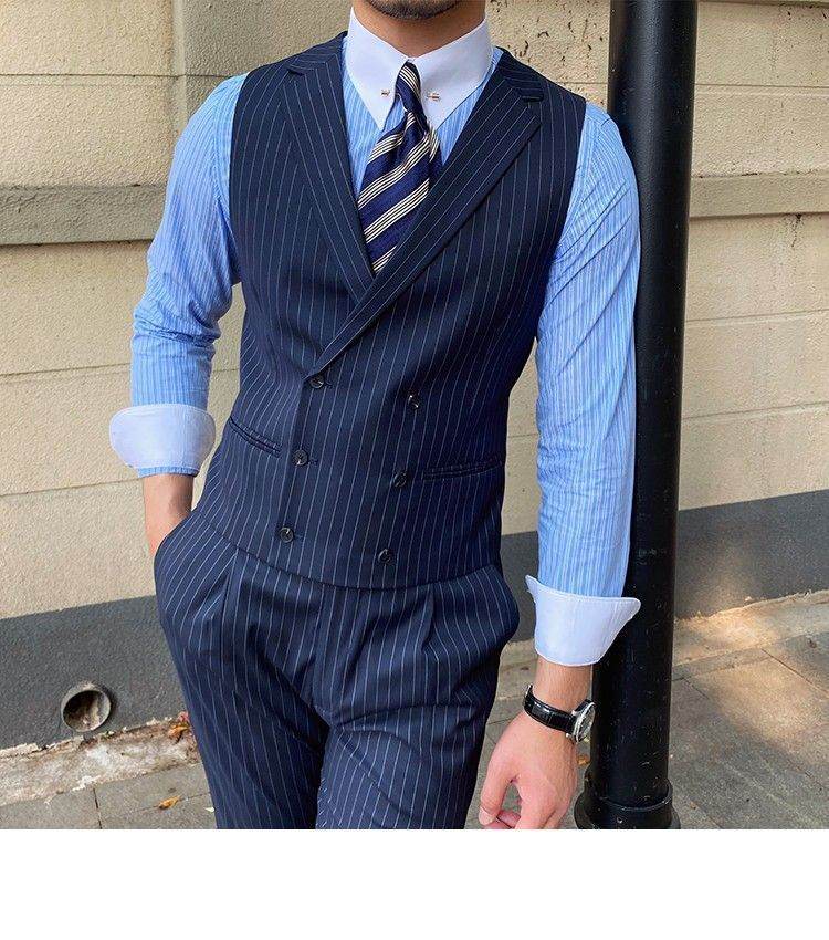 Men's Striped Suit Vest Italian Style Neapolitan Double Breasted Lapel Vest - Mubimart