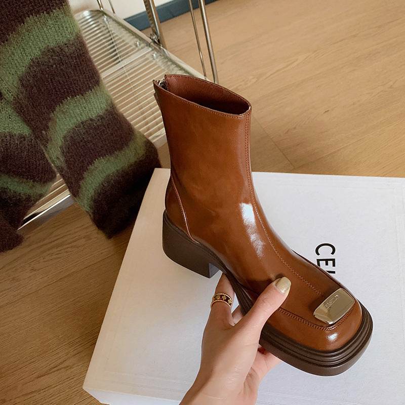 Women's Square Toe Vintage Chunky Heel Boots - Mubimart