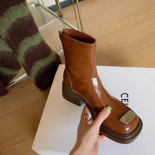 Women's Square Toe Vintage Chunky Heel Boots - Mubimart