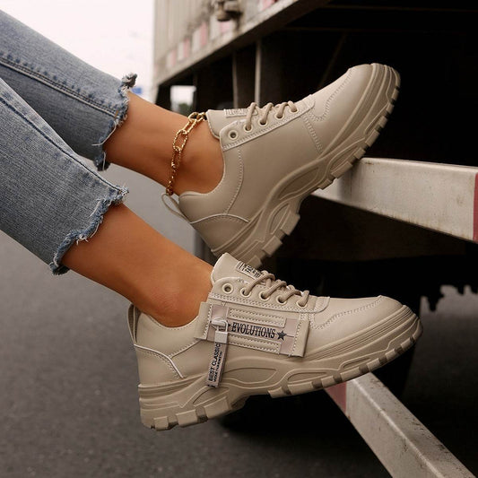 Lace-up Sports Shoes With Side-Zipper Design Fashion Thick-soled Round-toe Casual Shoes For Women Sneakers - Mubimart