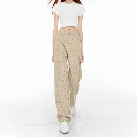 Homemade Floral Straight Leg Jeans For Women - Mubimart