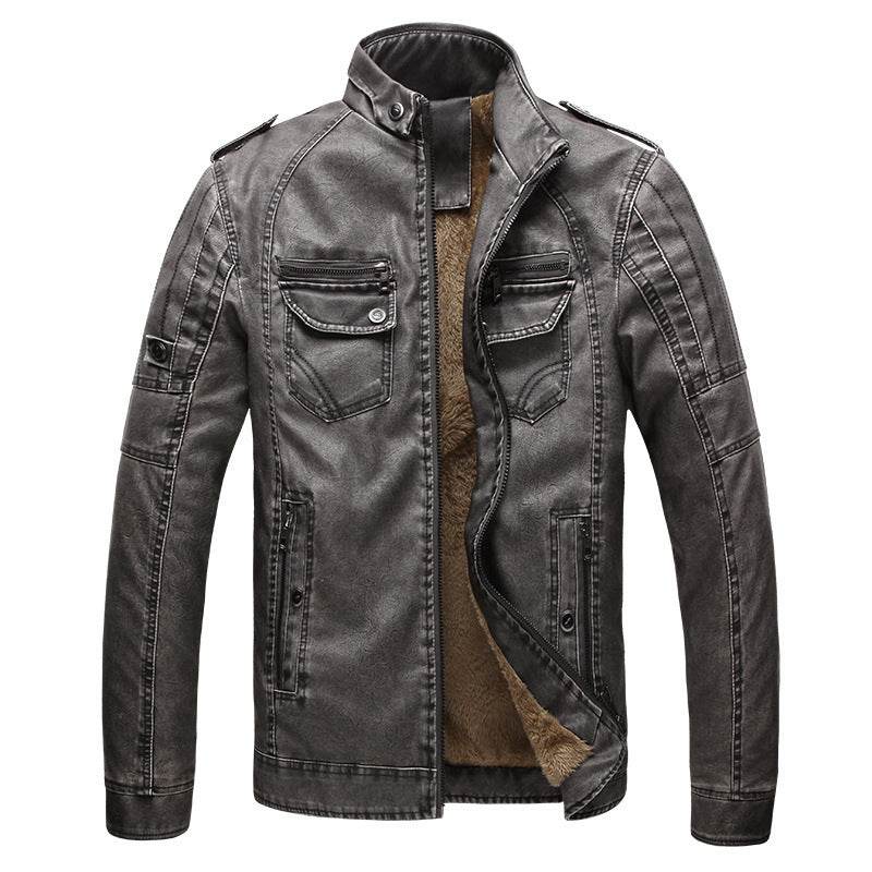 Leather Jacket Plus Velvet Washed Retro Leather Jacket - Mubimart