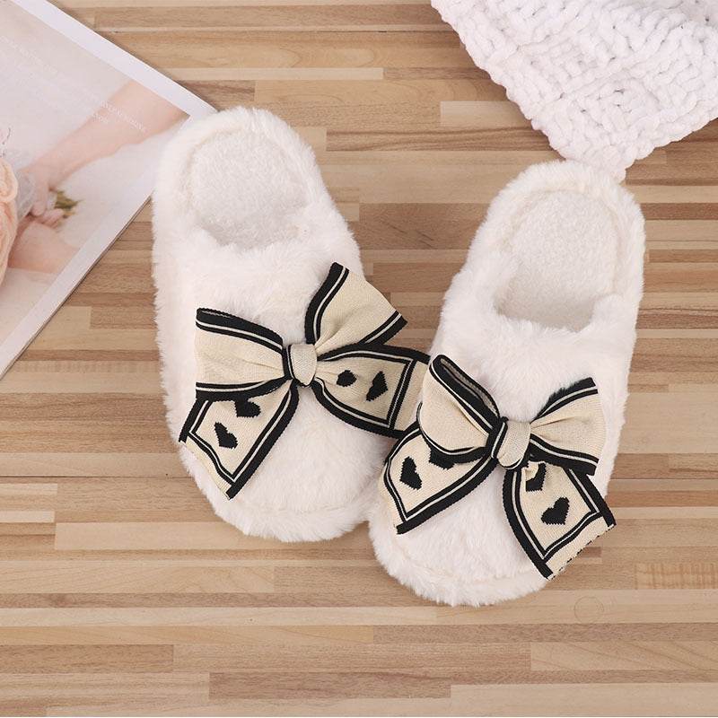 Ins Bow Slippers Home Fashion Warm Non-slip Floor Bedroom Slipper For Women House Shoes - Mubimart