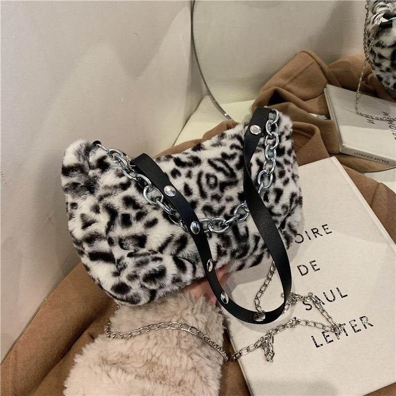 Leopard Pattern Plush Bag Personality Diagonal Women Bag Chain Bag Bag Shoulder - Mubimart