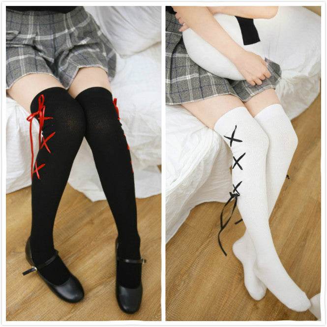 Over The Knee Socks Black And White Cross Ribbon Thigh Socks Female High Socks - Mubimart