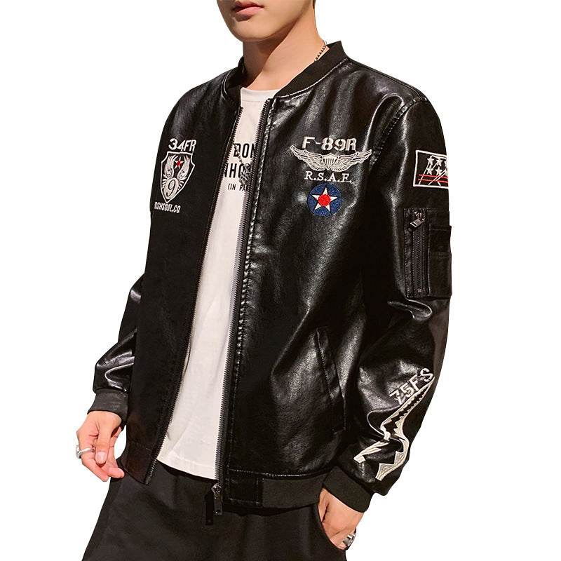 Men's Motorcycle Leather Jacket Embroidered Leather Jacket - Mubimart