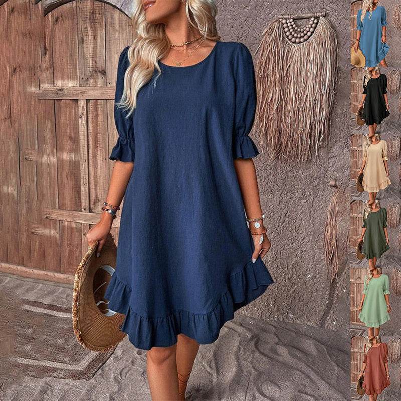 Fashion Ruffle Short-sleeved Dress Summer Solid Color Round Neck Loose Straight Dresses Womens Clothing - Mubimart