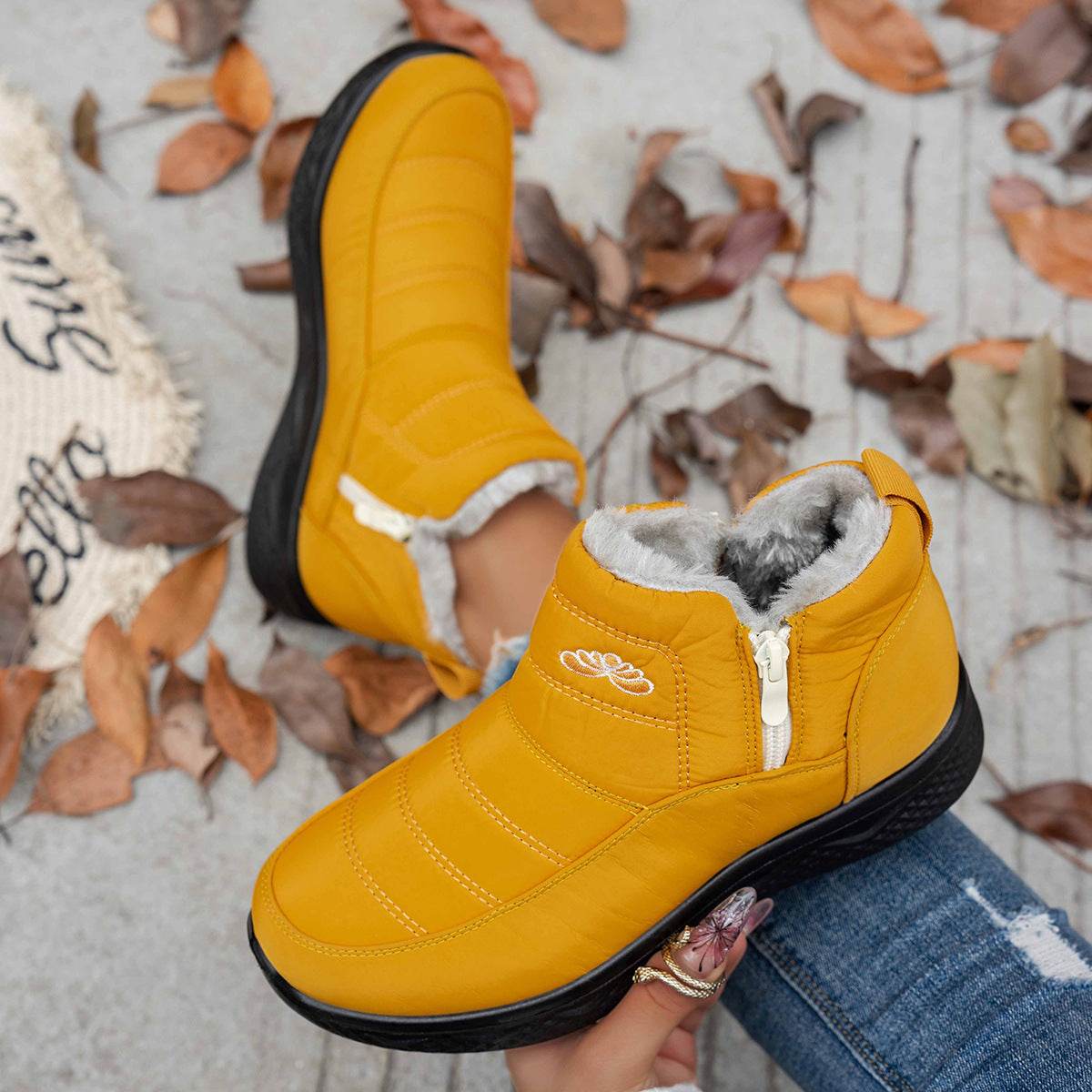 Winter Snow Boots WIth Side Zipper Casual Warm Plush Flat Shoes Women's Fleece Ankle Boot - Mubimart
