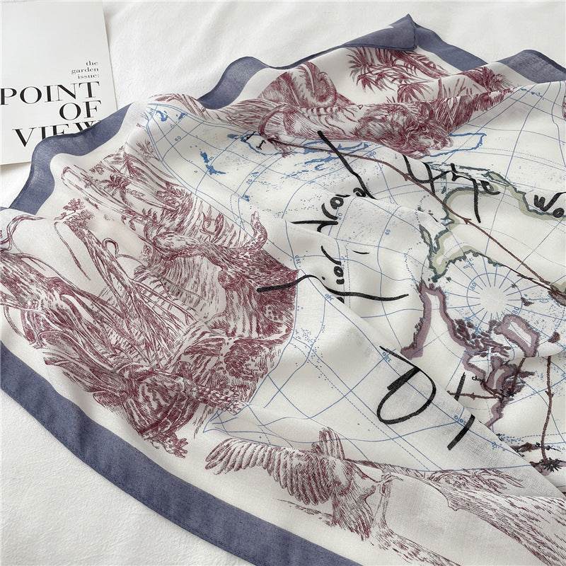 New Cotton And Linen Scarf National Style Long Large Size Shawl Thin Autumn And Winter Scarf Women's Simple Line Map Pattern - Mubimart