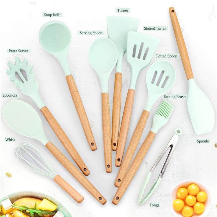 Silicone 11Pcs Kitchen Cooking Utensil Set Non-stick Spatula Heat Resistant Wooden Handle - Mubimart