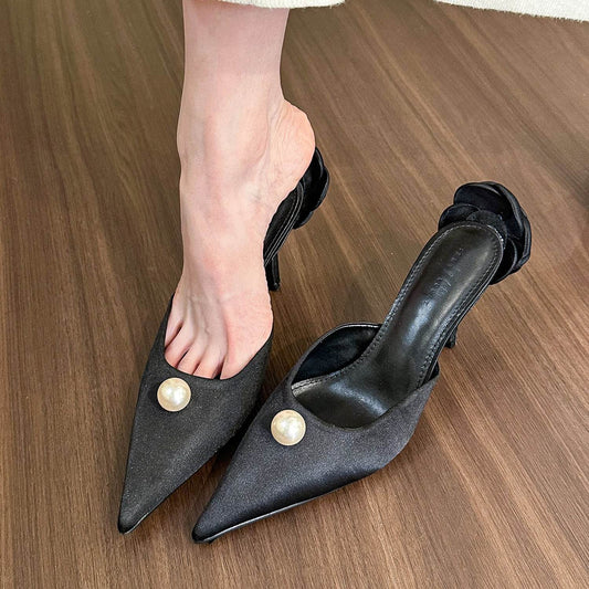 Pointed Pearl High Heel Half Slippers Women Mules Shoes - Mubimart