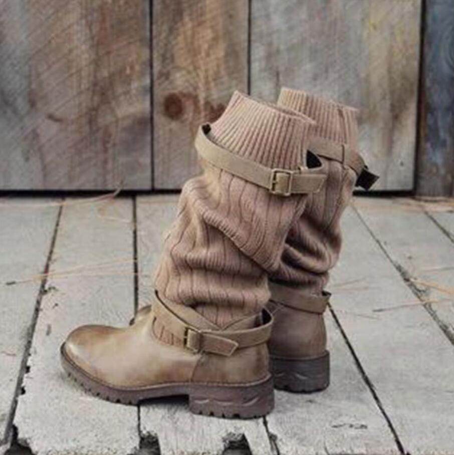 Vintage Style Winter Women Lady Warm Plush Fur Knitted Woolen Cotton Booties Martin Boot Shoes - Mubimart