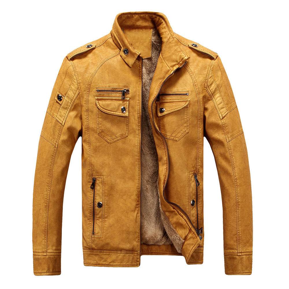 Leather Jacket Plus Velvet Washed Retro Leather Jacket - Mubimart