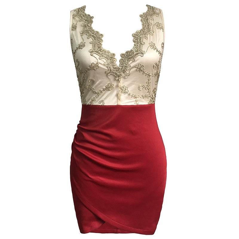 Nightclub Bar Sexy Dress V-neck Lace Splicing Hip Wrap Short Skirt Hotel KTV Foot Bath Night Work Clothes - Mubimart