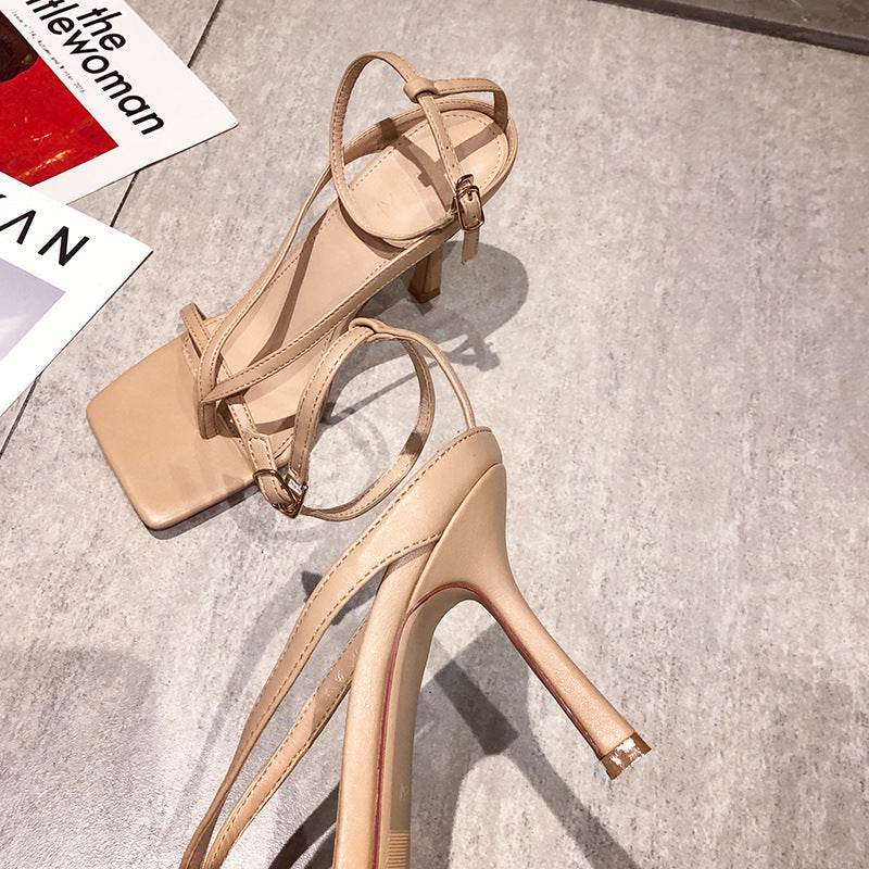Nude Lace-up Square Toe Lace-up High Heels - Mubimart
