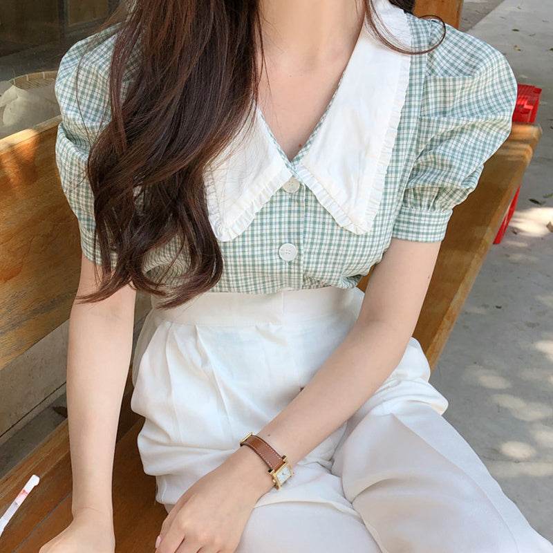 Puff Sleeve Blouse Women Retro Plaid Doll Collar Shirt - Mubimart