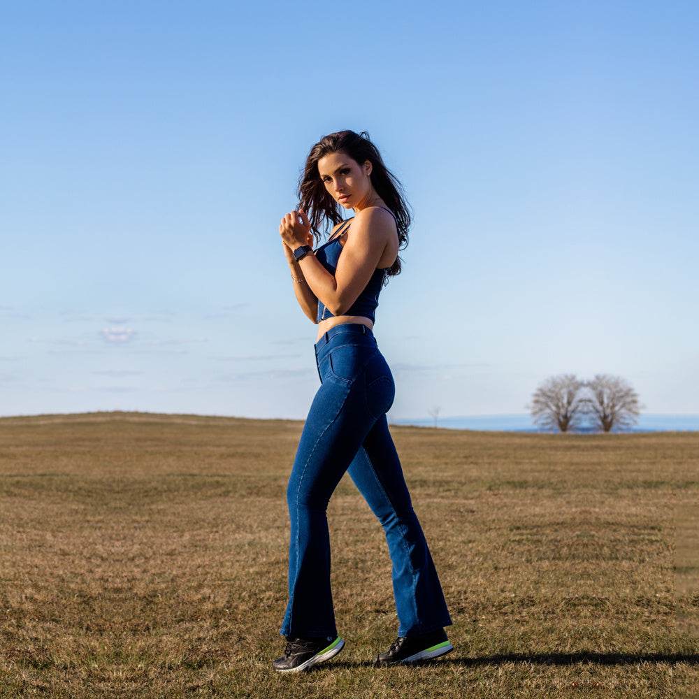 Shascullfites Women's Suit Dark Blue Bodysuit Zipper Push Up Top Middle Waist Flare Jeans Women 2 Pieces Pant Sets - Mubimart