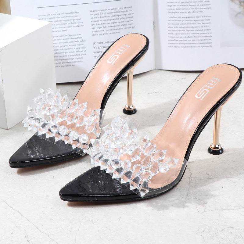 Summer Pointed High Heels Solid Color High Heels Rhinestone Sandals - Mubimart