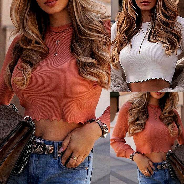 Sexy Women Plain Basic Stretch T- Shirts Crop Top Sweater - Mubimart