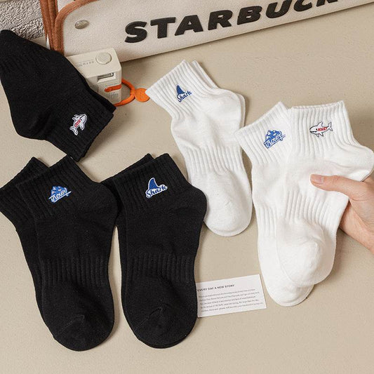 Black And White Embroidered Shark Pure Cotton Sweat Absorbing Athletic Socks - Mubimart