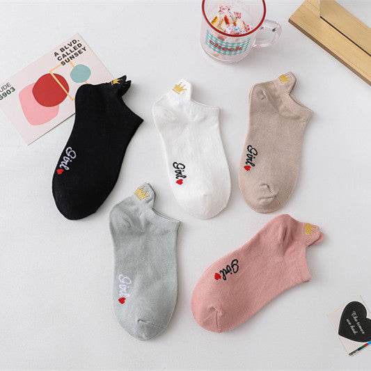 Women's Heel Crown Embroidered Combed Cotton Low Top Low Cut Socks Boat Socks - Mubimart