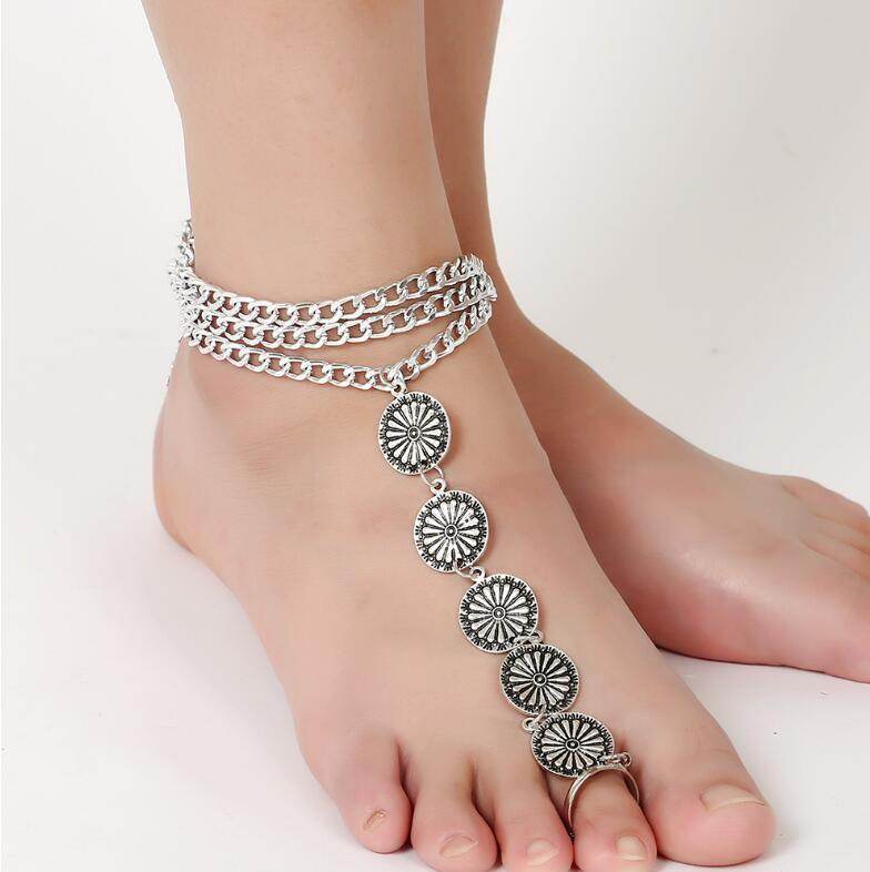 European and American fashion personality retro carved three layer even exaggerated fringed Anklets toe foot ornaments - Mubimart
