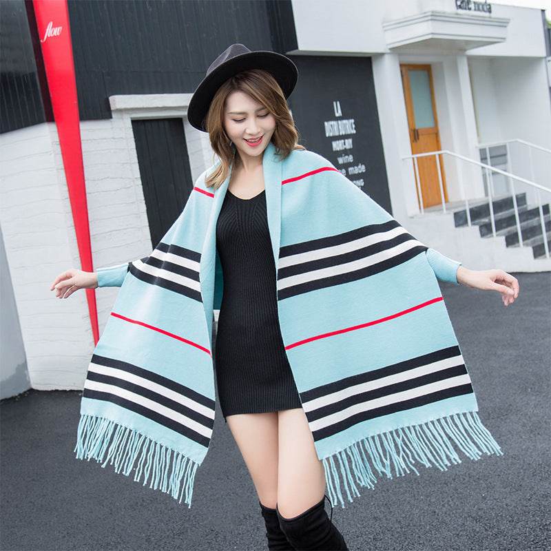 Striped fringe shawl - Mubimart
