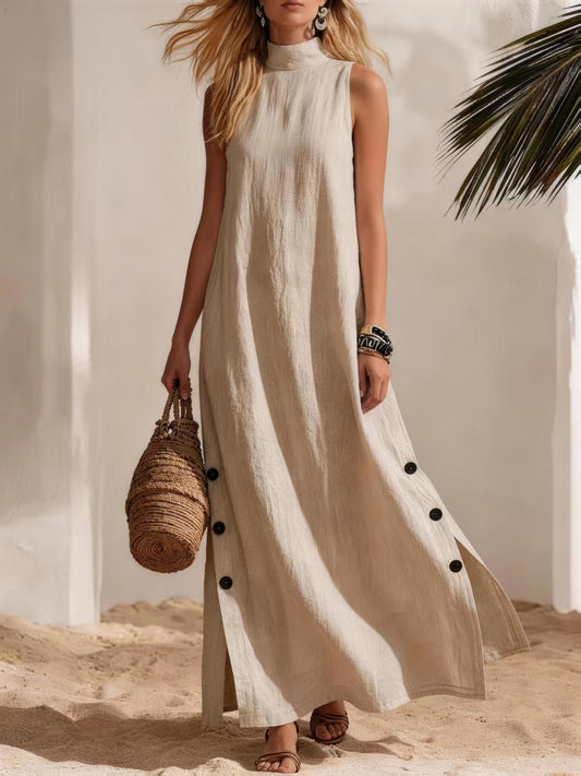 Casual Solid-Colored Cotton-Linen Sleeveless Mid-Length Dress With Side Slits