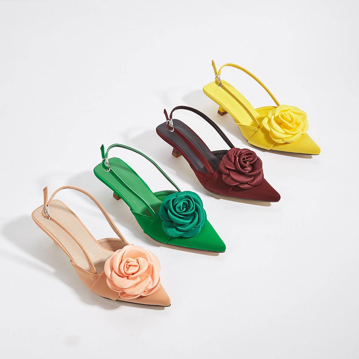 Three-dimensional Flower Decoration Kitten Heel Shoes Women's Elegant Closed Toe Back Empty - Mubimart