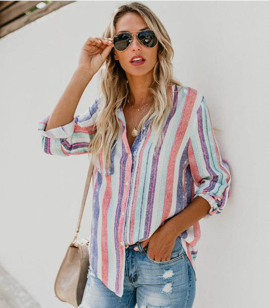 Color striped plus size shirt - Mubimart