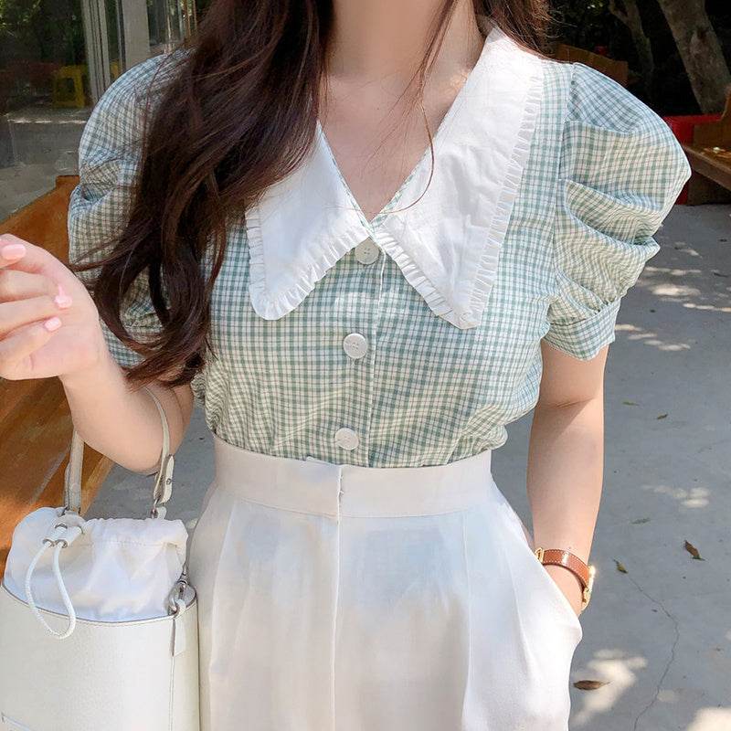 Puff Sleeve Blouse Women Retro Plaid Doll Collar Shirt - Mubimart